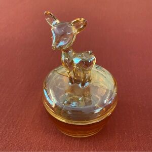 Vintage Jeanette Marigold Carnival Glass Fawn Deer Powder Trinket Dish